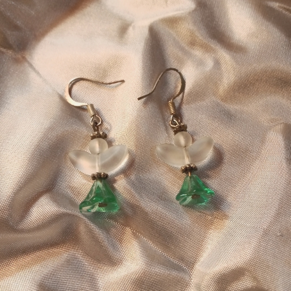 Glass Angel Dangle Earrings – Green & Frosted Wings